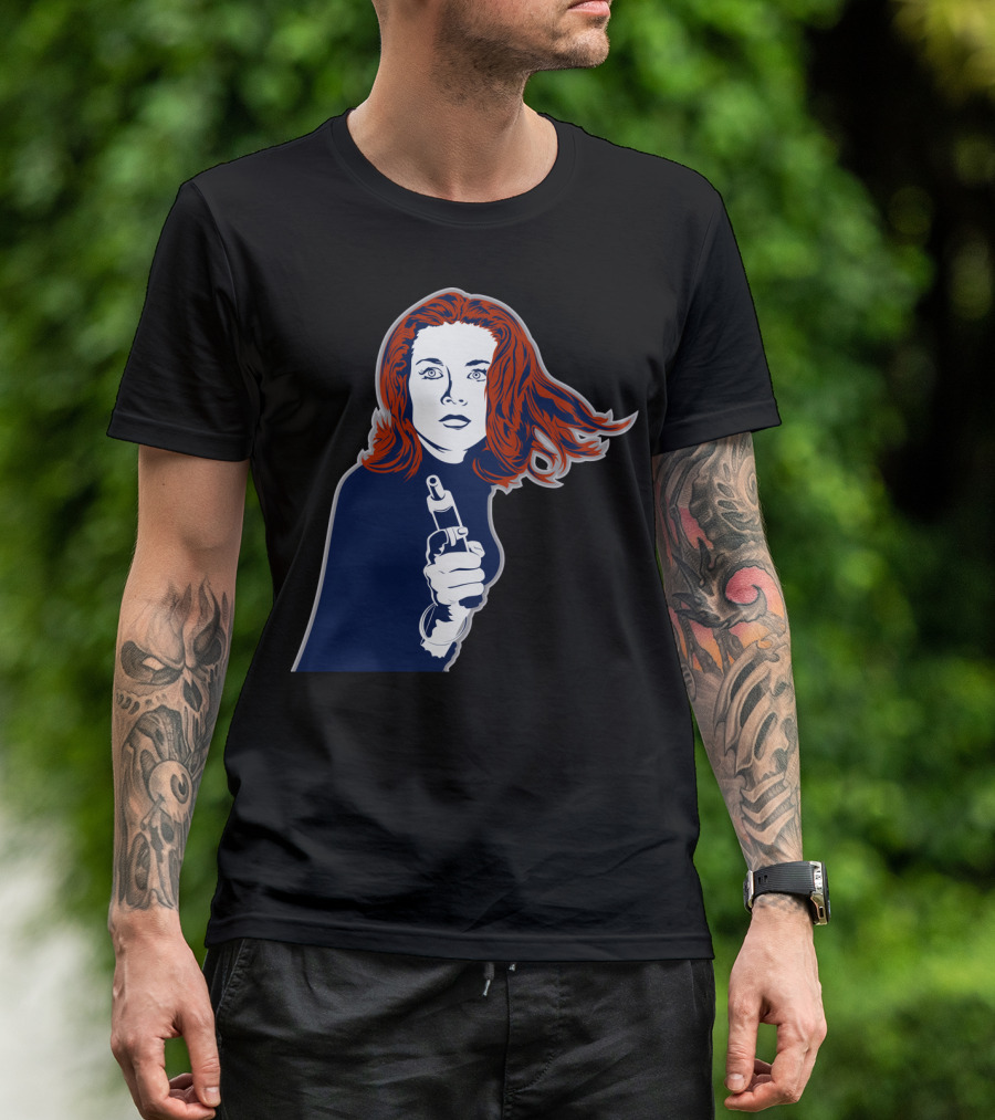 Emma Peel Iconic Spy Character With Bold Red Hair Holding A Pistol T-Shirt