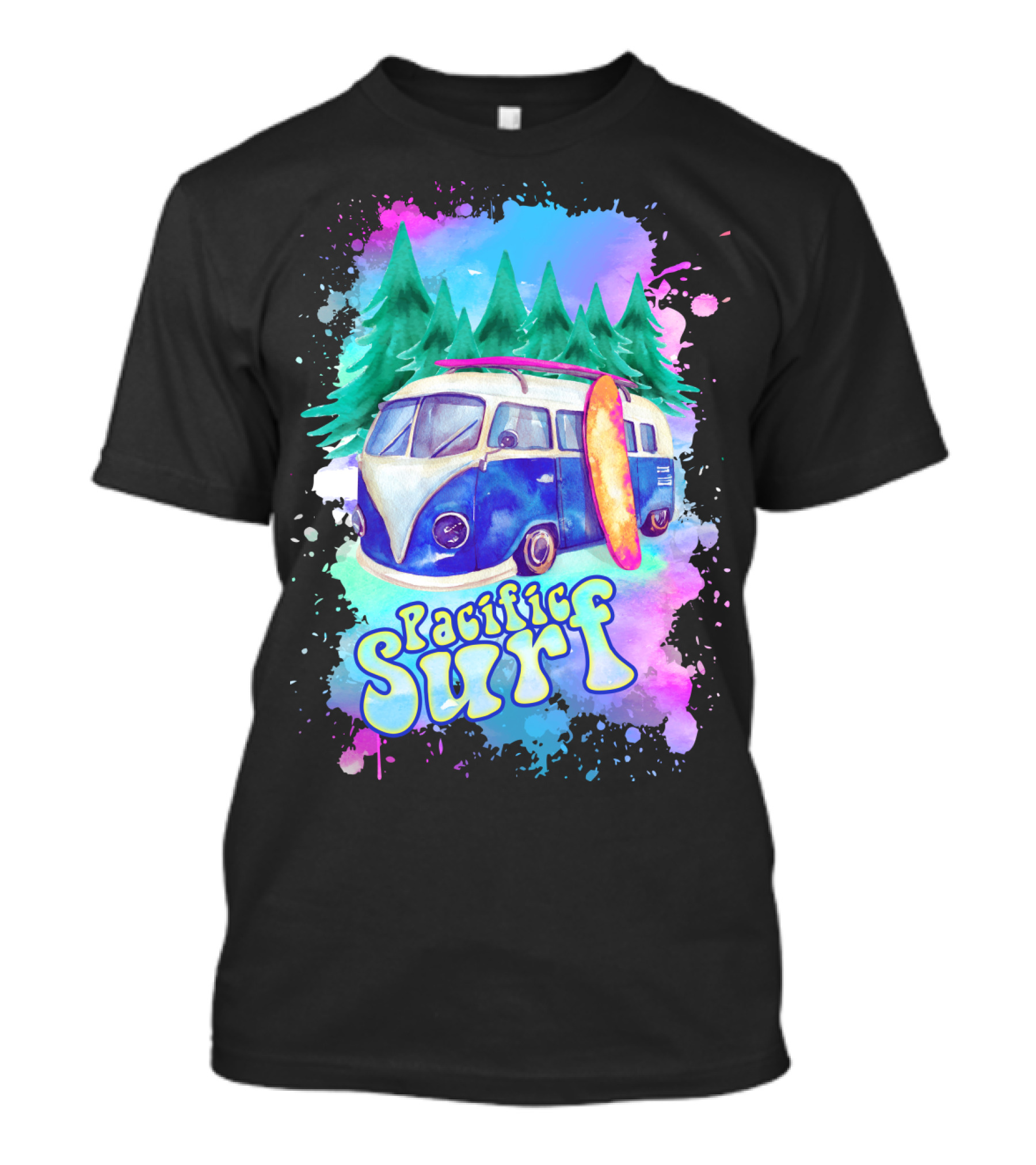 Pacific Surf Vintage Van Surfboard Adventure Forest Splash T-Shirt