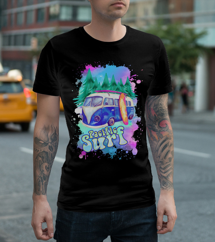 Pacific Surf Vintage Van Surfboard Adventure Forest Splash T-Shirt