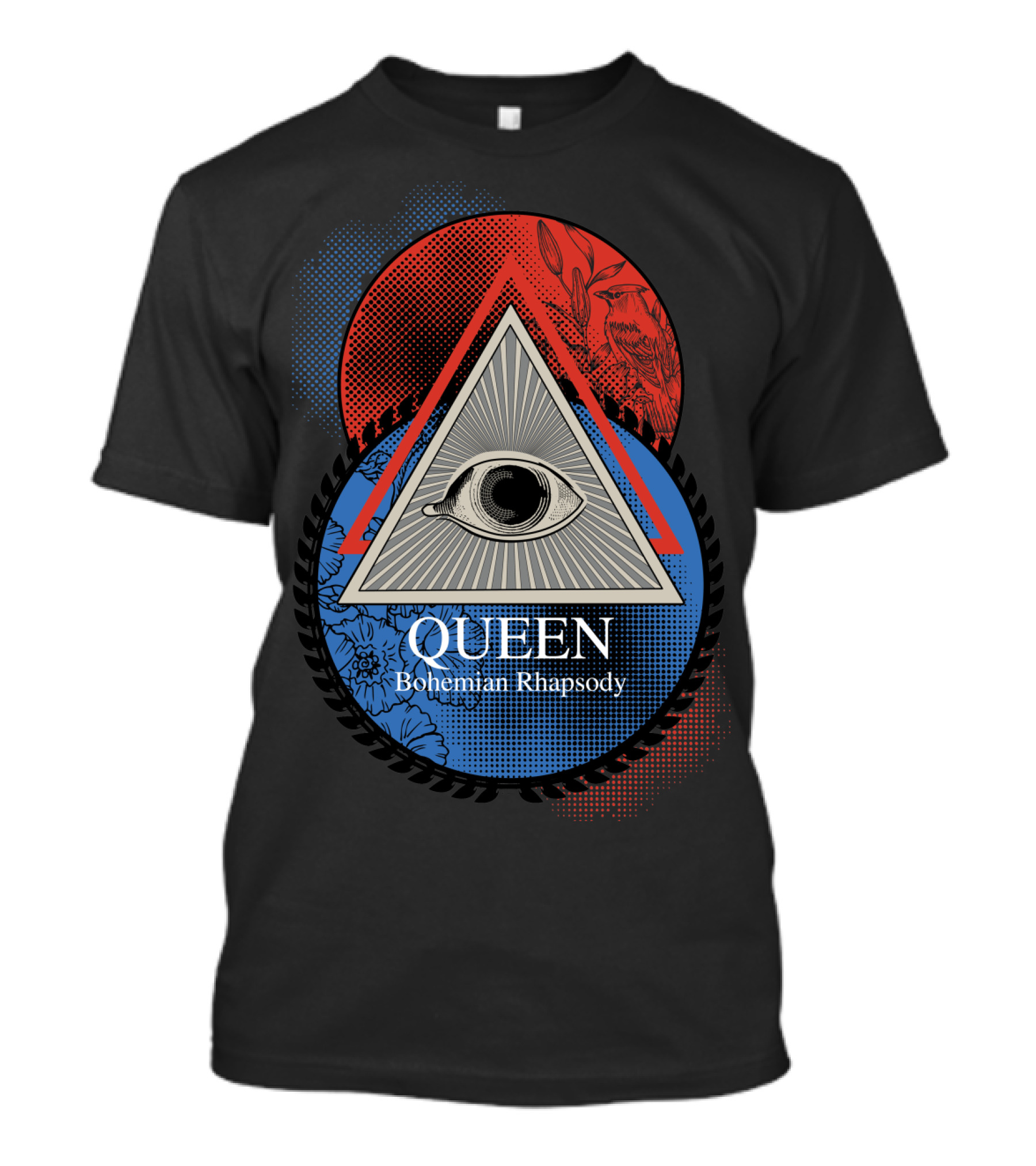 Queen Bohemian Rhapsody All-Seeing Eye With Geometric Blue And Red Floral Bird Triangle Elements T-Shirt