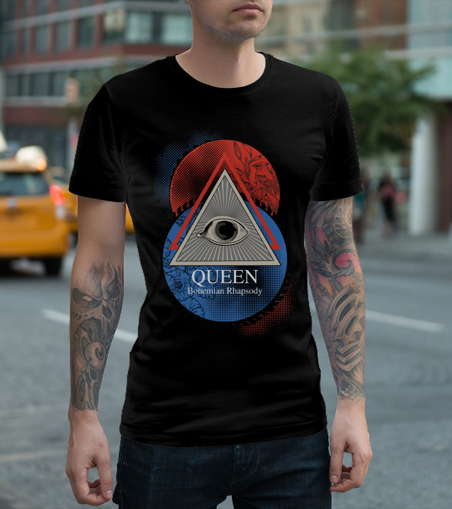 Queen Bohemian Rhapsody All-Seeing Eye With Geometric Blue And Red Floral Bird Triangle Elements T-Shirt