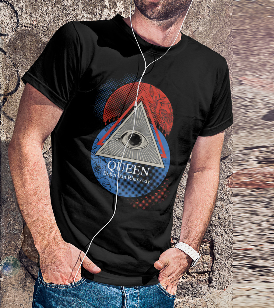 Queen Bohemian Rhapsody All-Seeing Eye With Geometric Blue And Red Floral Bird Triangle Elements T-Shirt