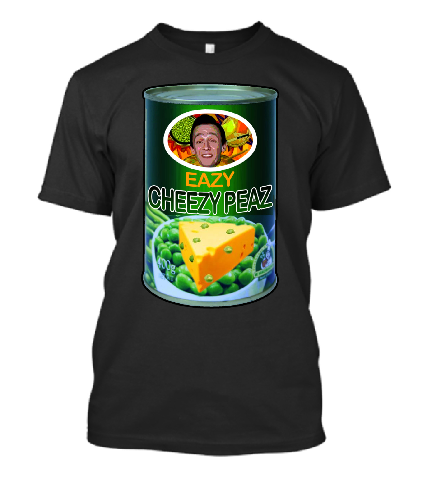 Eazy Cheezy Peaz Can With Cheese And Peas Imagery Featuring Smiling Face T-Shirt