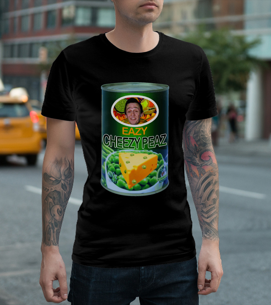 Eazy Cheezy Peaz Can With Cheese And Peas Imagery Featuring Smiling Face T-Shirt