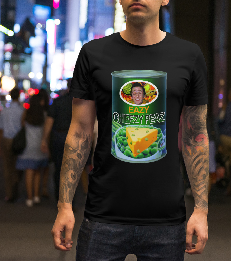 Eazy Cheezy Peaz Can With Cheese And Peas Imagery Featuring Smiling Face T-Shirt