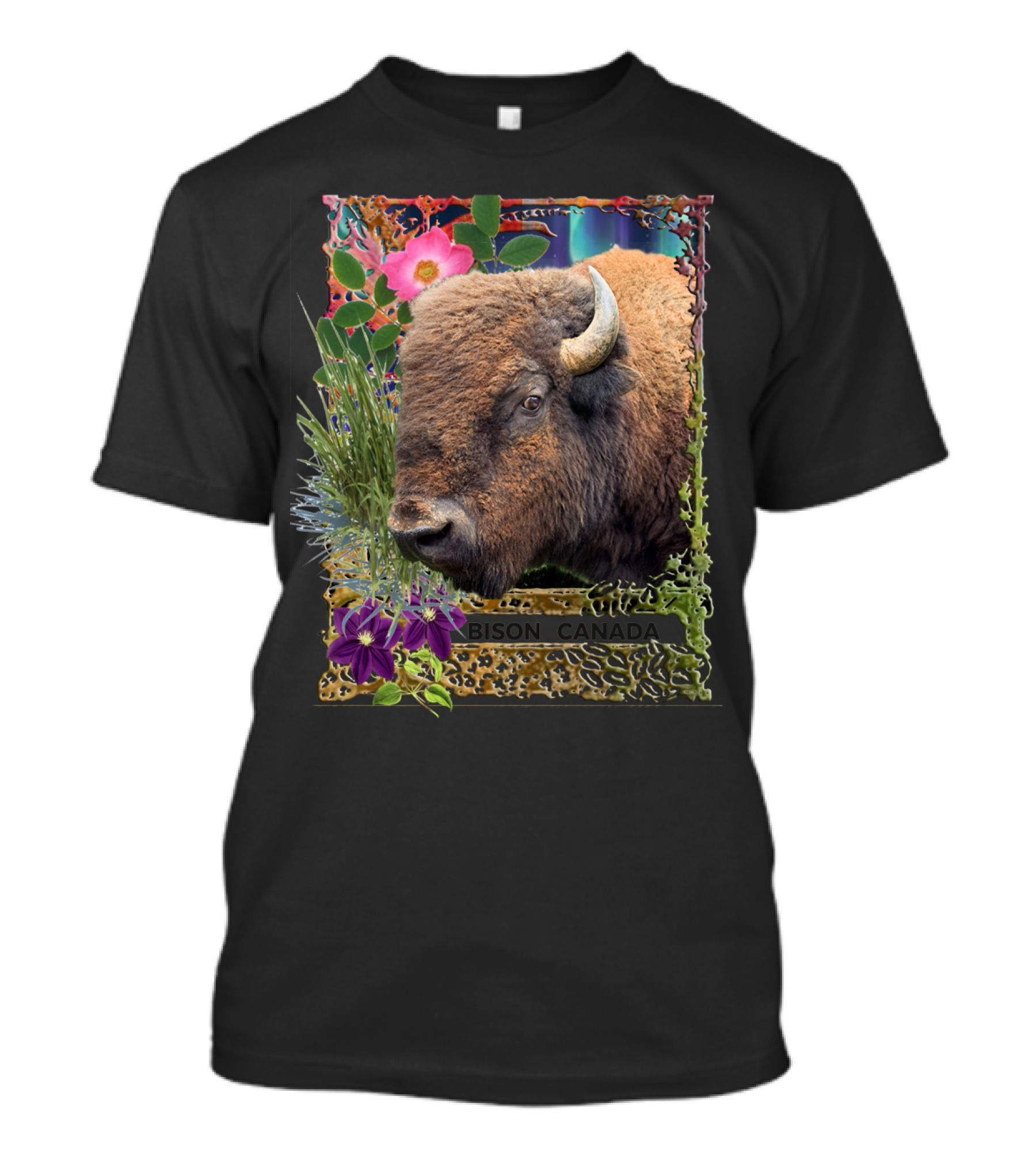 Bison Canada With Vibrant Floral Border And Horned T-Shirt