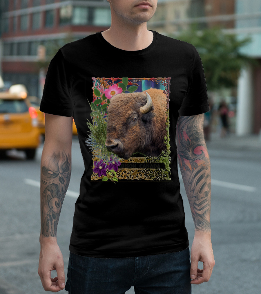 Bison Canada With Vibrant Floral Border And Horned T-Shirt