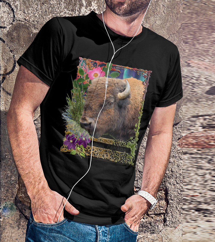 Bison Canada With Vibrant Floral Border And Horned T-Shirt