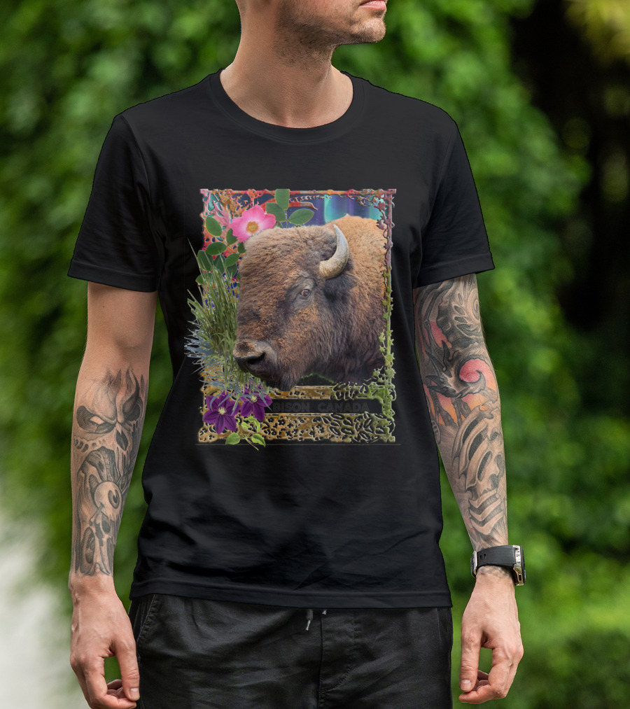 Bison Canada With Vibrant Floral Border And Horned T-Shirt