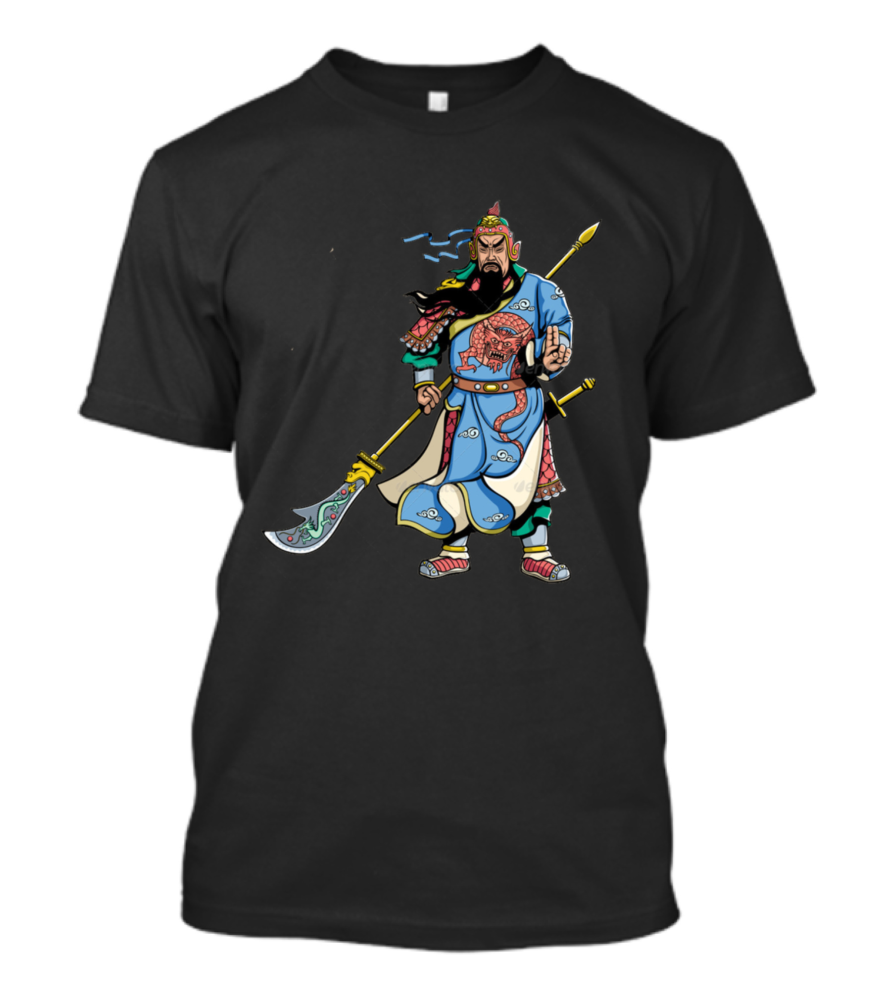 Guan Yu Warrior Illustration With Dragon Motif And Green Headdress T-Shirt