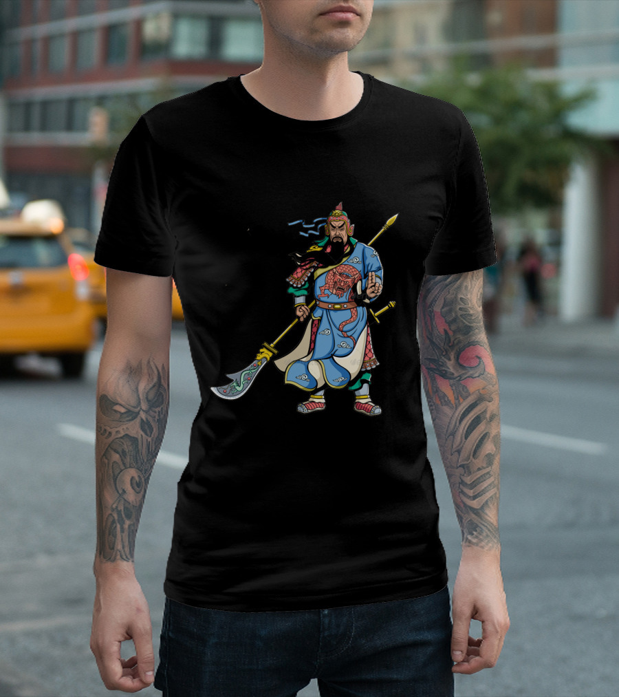Guan Yu Warrior Illustration With Dragon Motif And Green Headdress T-Shirt