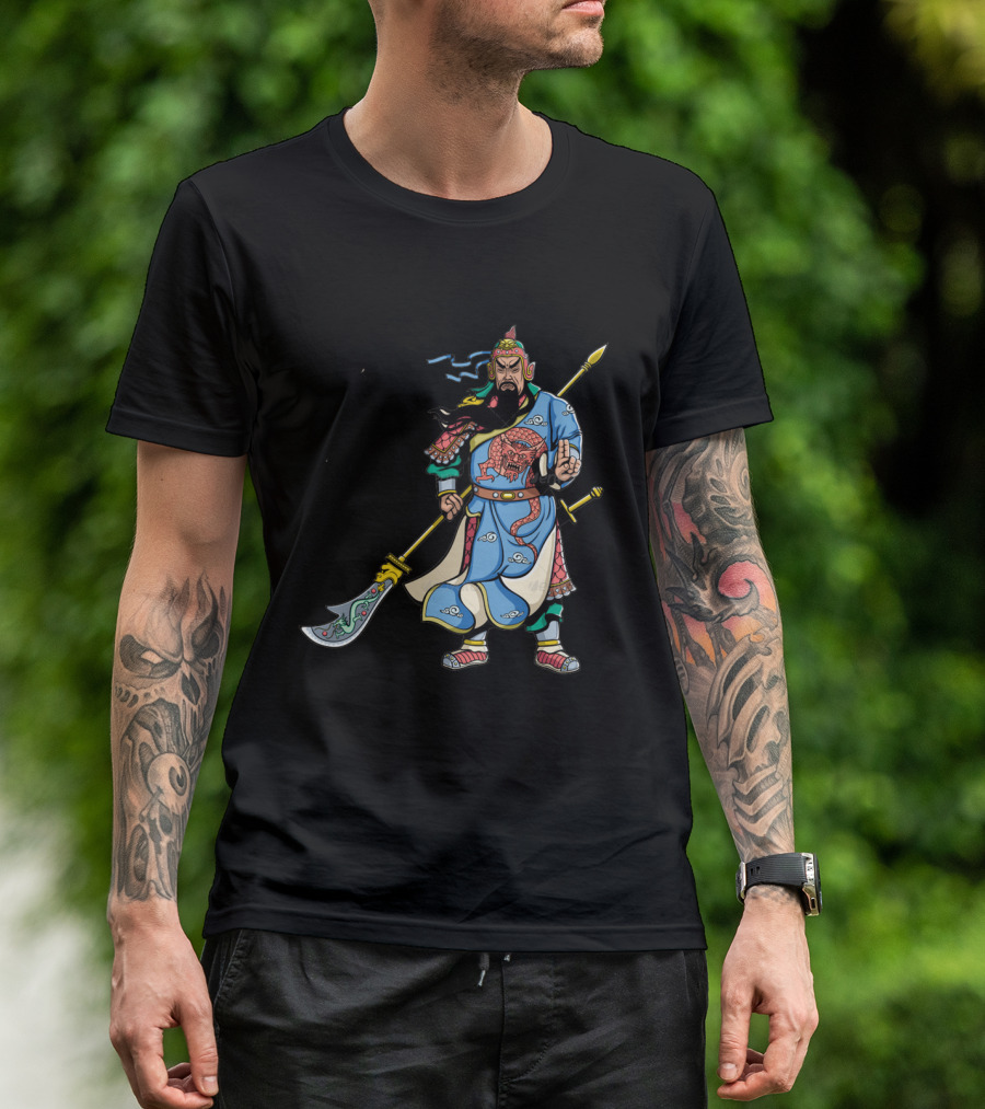 Guan Yu Warrior Illustration With Dragon Motif And Green Headdress T-Shirt