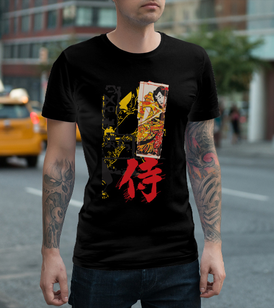 Samurai Ukiyo-e Style Artwork With Red Kanji Character T-Shirt