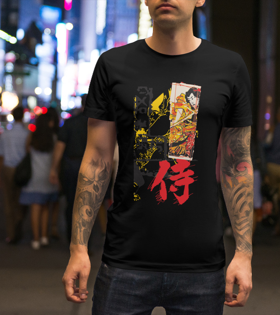 Samurai Ukiyo-e Style Artwork With Red Kanji Character T-Shirt