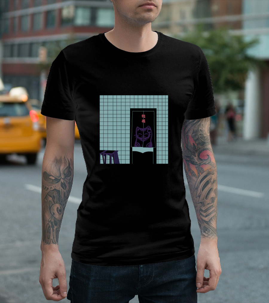 Japanese Noren Purple Cat in Tiled Room with Red Kanji Decor T-Shirt