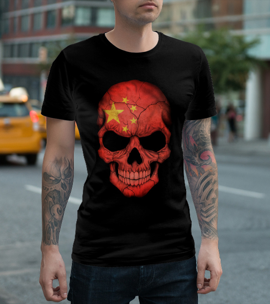 Chinese Flag Skull Illustration Featuring Red Cracked Surface with Prominent Yellow Stars T-Shirt
