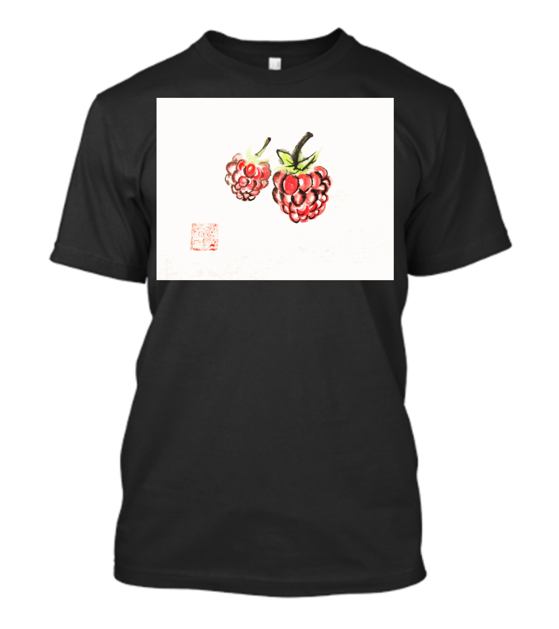 Raspberry Berries With Asian Art Stamp On Minimalist Background T-Shirt