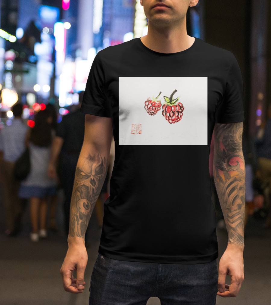Raspberry Berries With Asian Art Stamp On Minimalist Background T-Shirt