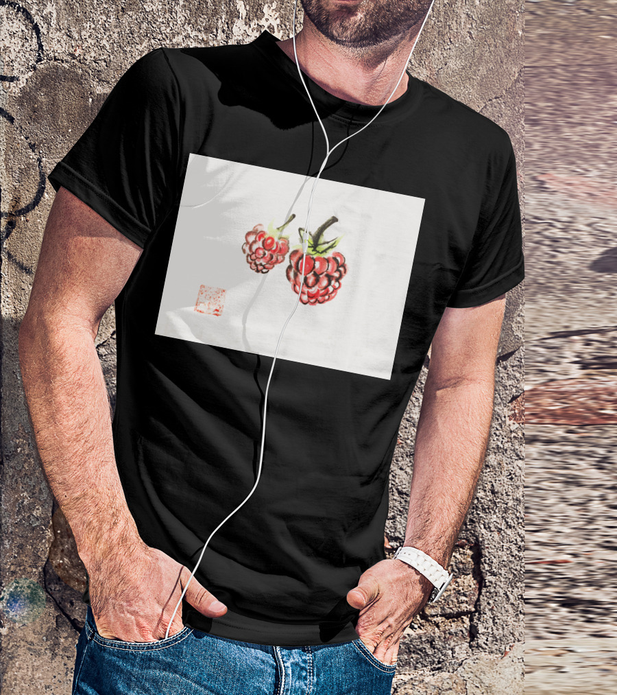 Raspberry Berries With Asian Art Stamp On Minimalist Background T-Shirt