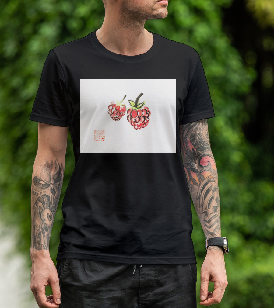 Raspberry Berries With Asian Art Stamp On Minimalist Background T-Shirt
