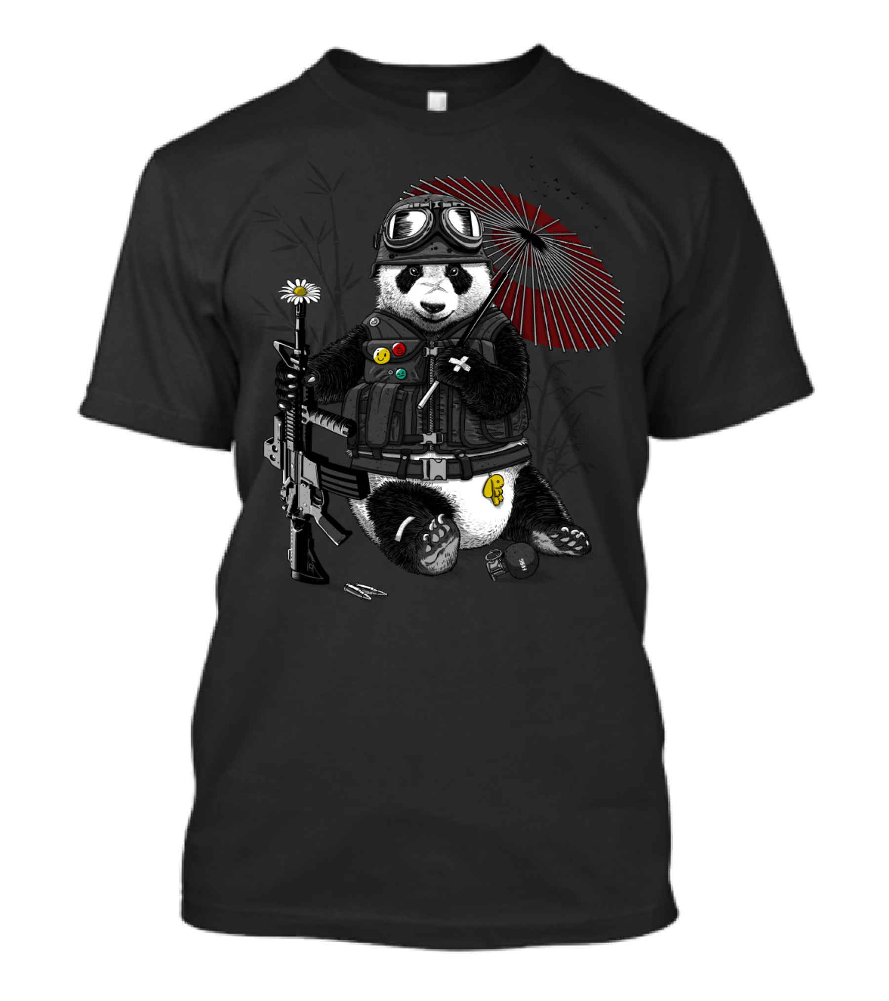 Military Panda With Tactical Gear Holding Rifle And Daisy Under Samurai Umbrella T-Shirt