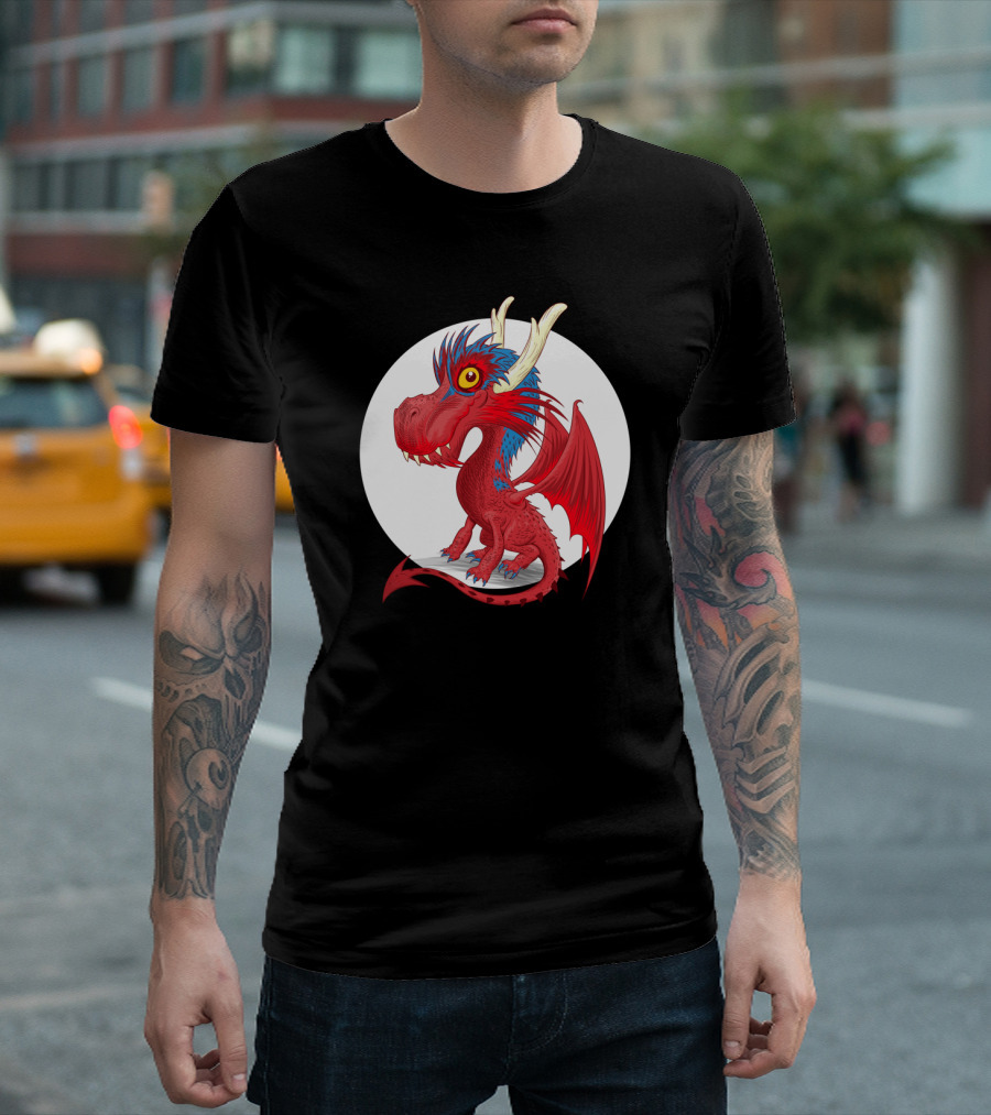 Red and Blue Cute Baby Dragon with Horns and Large Yellow Eyes T-Shirt