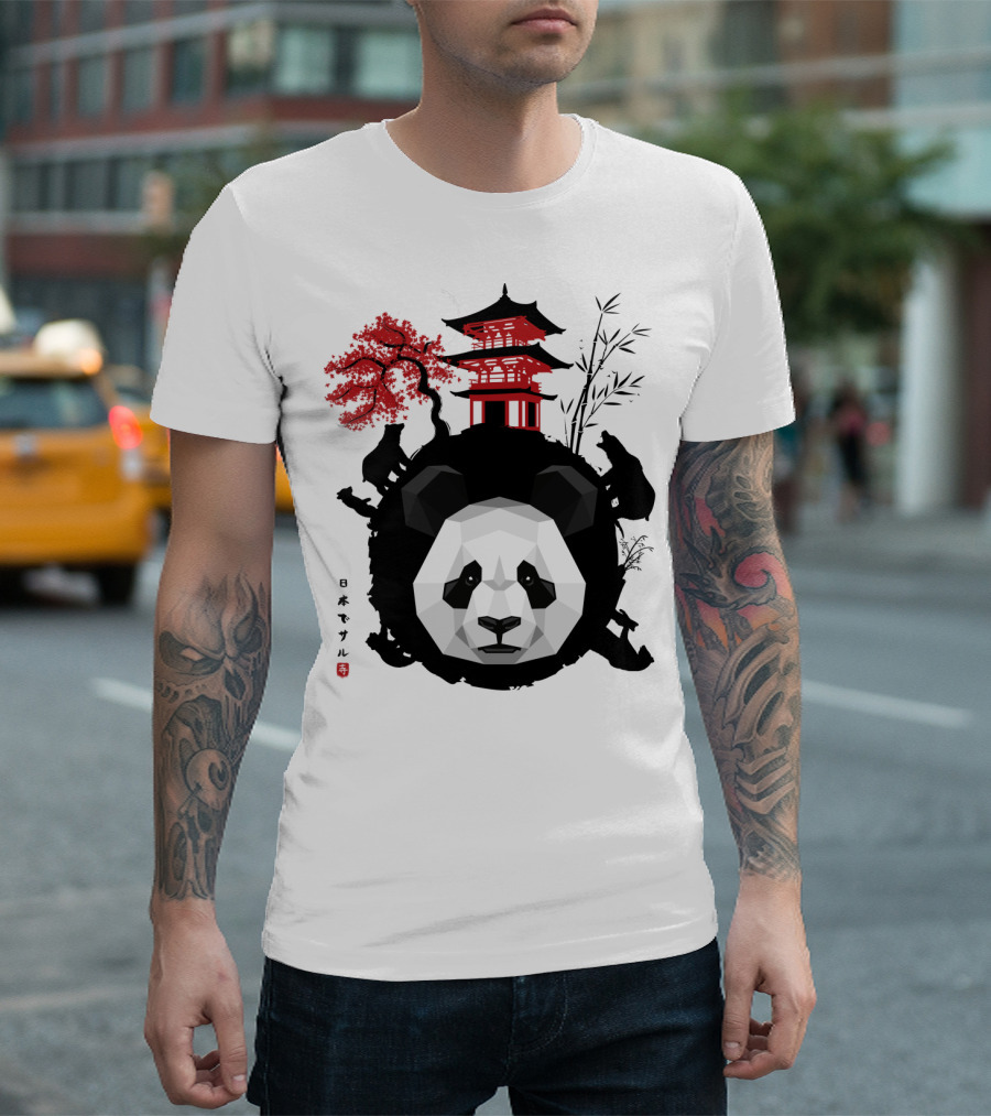 Geometric Panda with Japanese Pagoda and Cherry Blossoms in Moonlit Landscape Japan T-Shirt