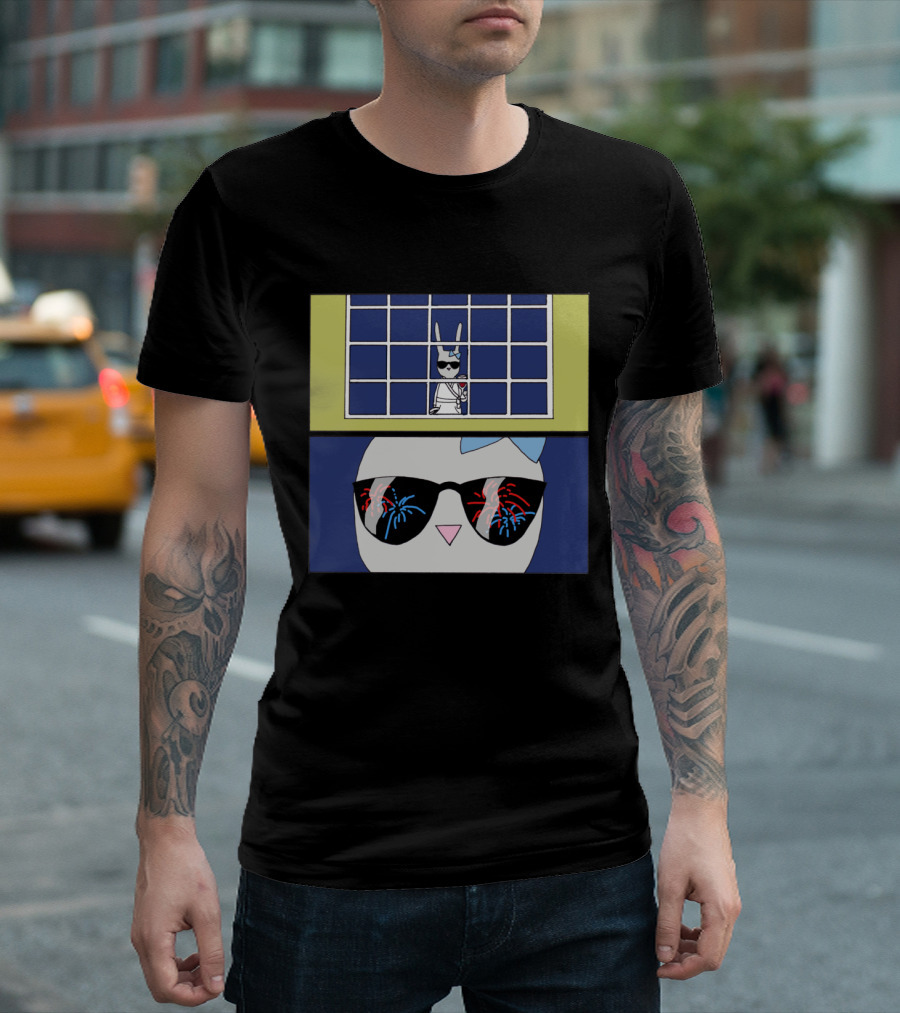 Fourth of July Bunny Wearing Sunglasses Fireworks Reflection T-Shirt