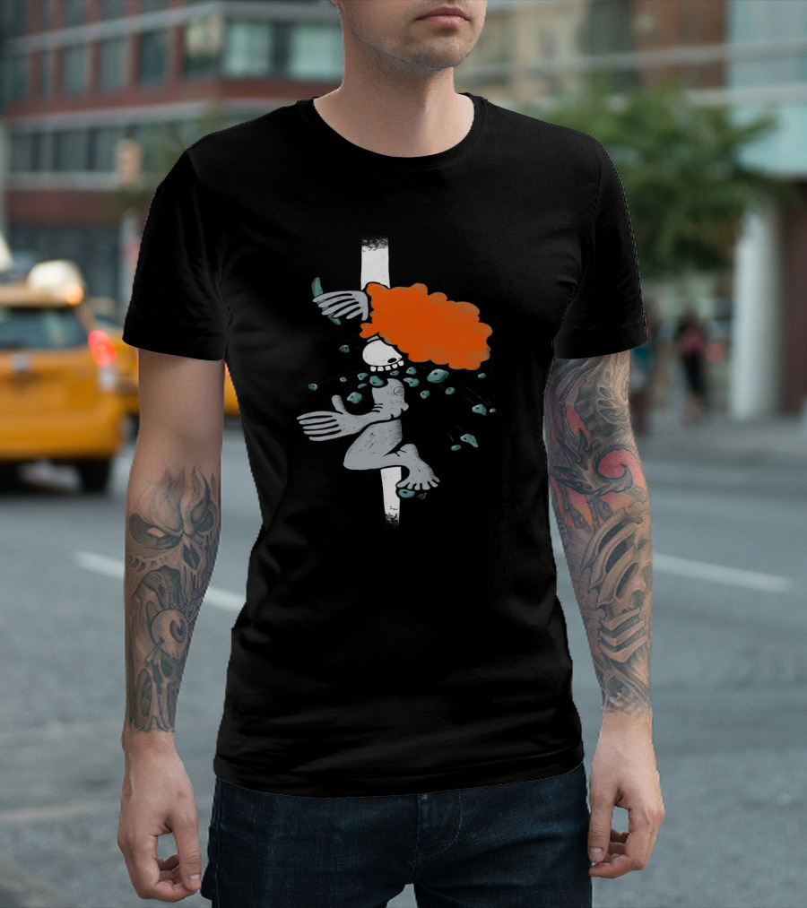 Crackhead Leo Cartoon Character with Orange Hair and Floating Elements T-Shirt