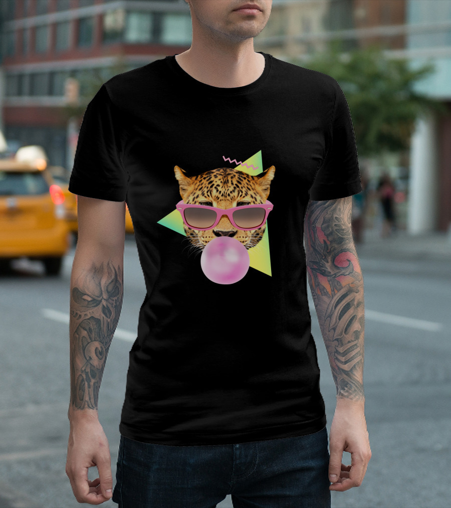 Bubble Gum Leopard with Pink Sunglasses Retro 80s T-Shirt