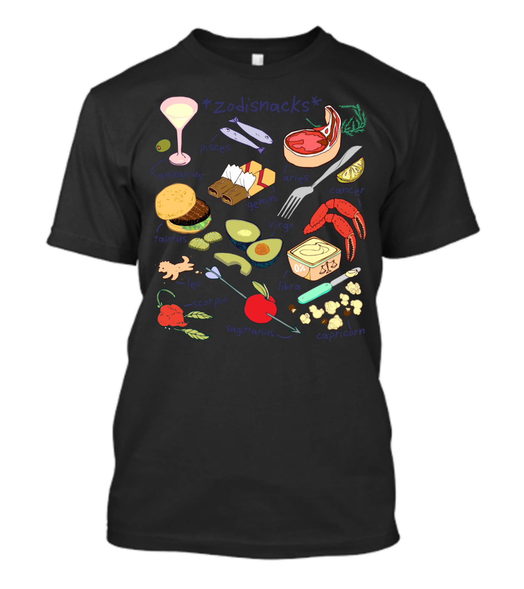 Zodisnacks Aquarius Pisces Aries Taurus Gemini Cancer Leo Virgo Libra Scorpio Sagittarius Capricorn Zodiac Foods T-Shirt