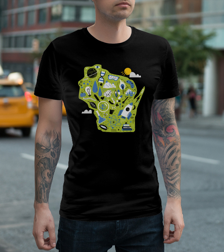 Celebrating Science Wisconsin Map with Icons of Nature Technology and Innovation T-Shirt