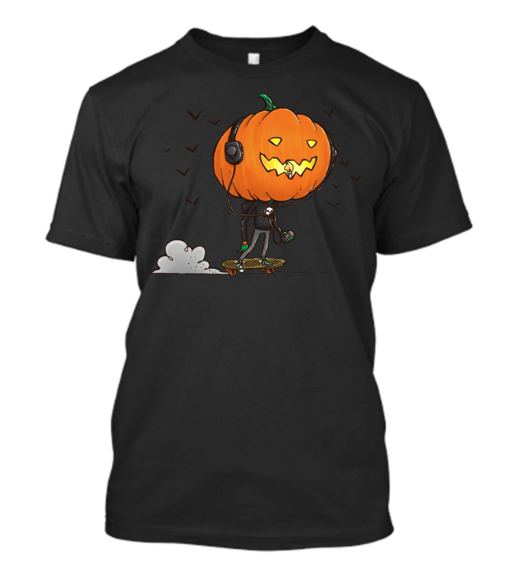 The Pumpkin Skater Headphones Halloween Jack-o'-Lantern Skateboarding Scene T-Shirt