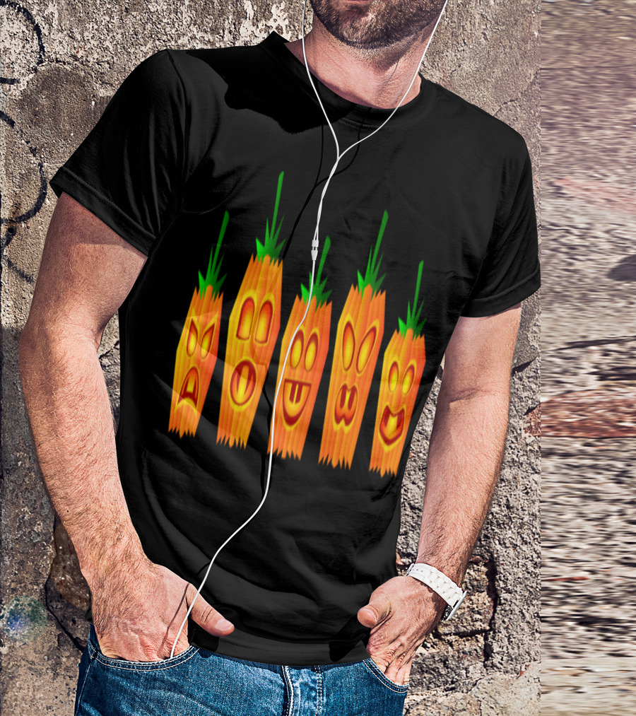 Carved Pumpkins With Vertical Stripes And Funny Faces T-Shirt