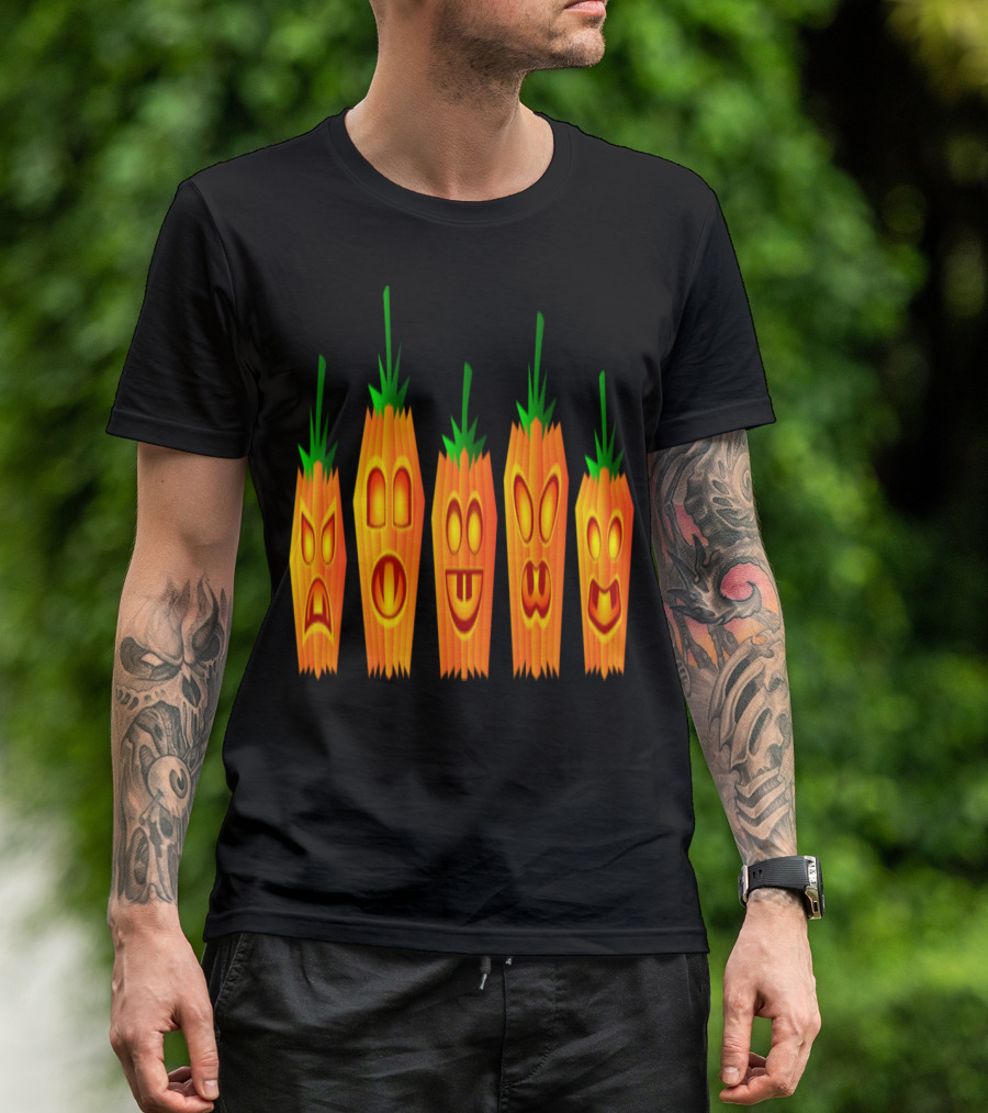 Carved Pumpkins With Vertical Stripes And Funny Faces T-Shirt