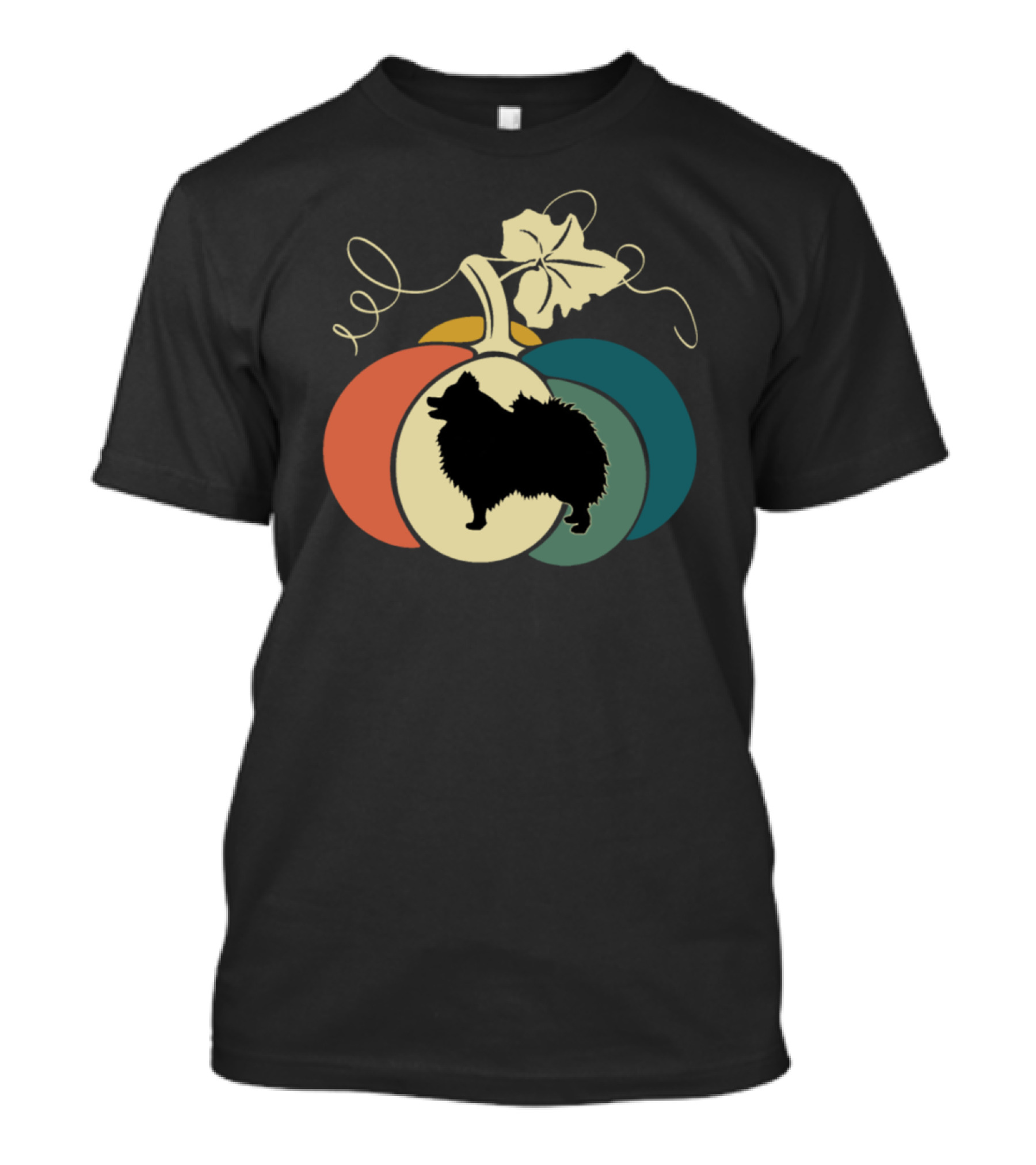 Pomeranian Dog Silhouette In Multicolored Pumpkin T-Shirt