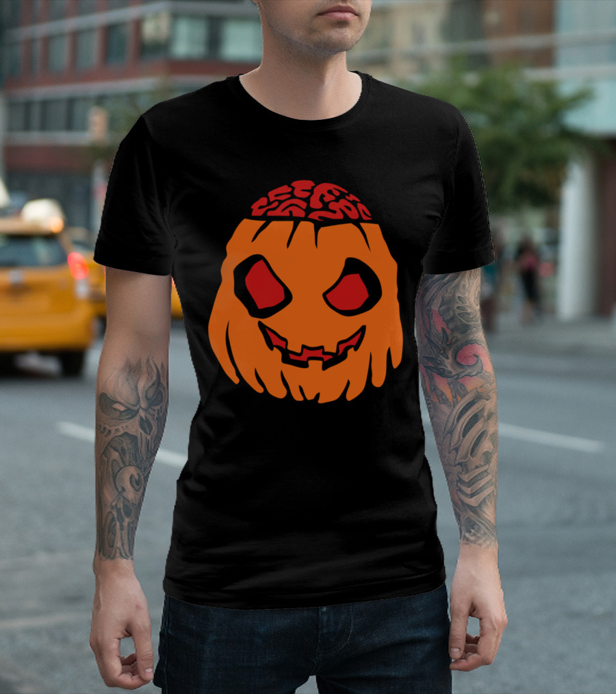 Zombie Pumpkin Brain Face Halloween Horror T-Shirt