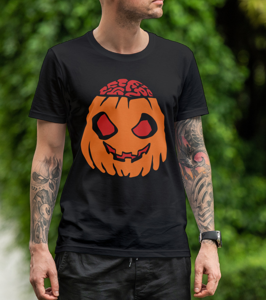 Zombie Pumpkin Brain Face Halloween Horror T-Shirt