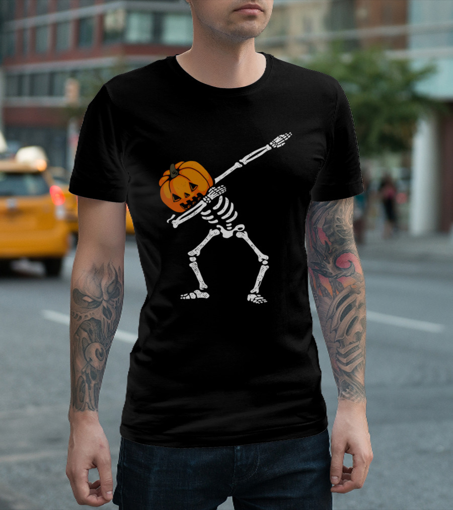 Dabbing Skeleton With Pumpkin Head Halloween Dance T-Shirt