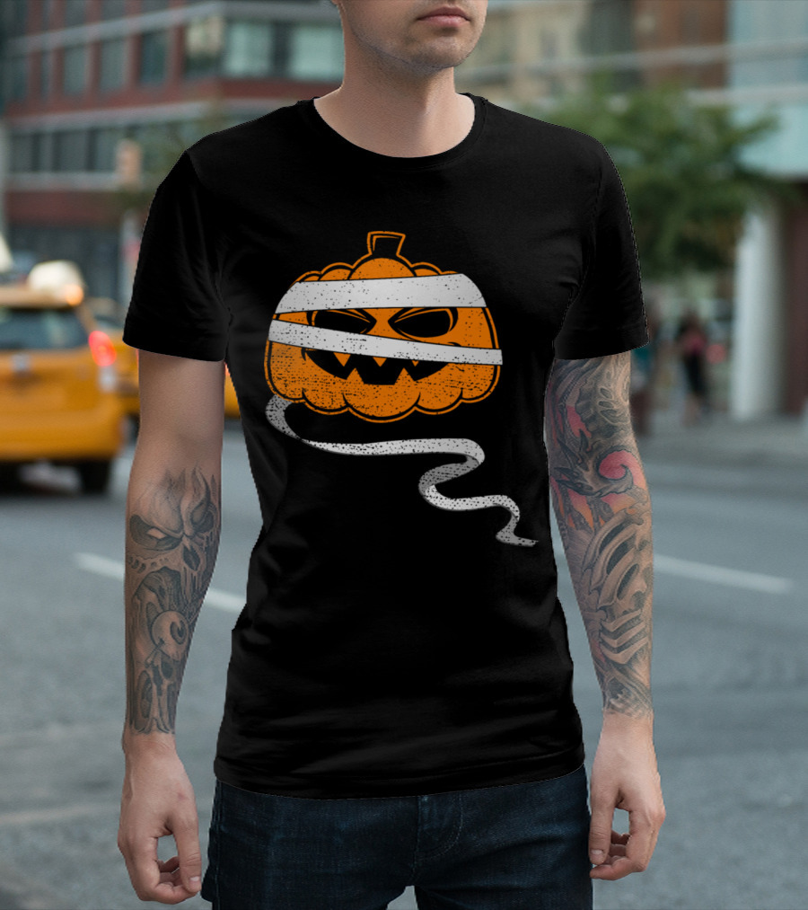 Halloween Wrapped Jack-O'-Lantern Pumpkin Mummy Face T-Shirt