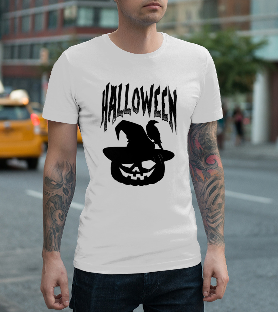 Halloween Pumpkin with Witch Hat and Crow T-Shirt