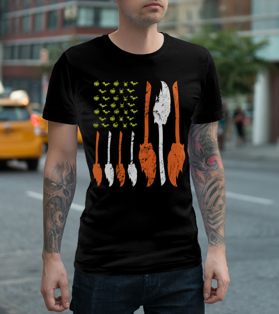 Halloween American Flag Witches Brooms Bats Pumpkins T-Shirt