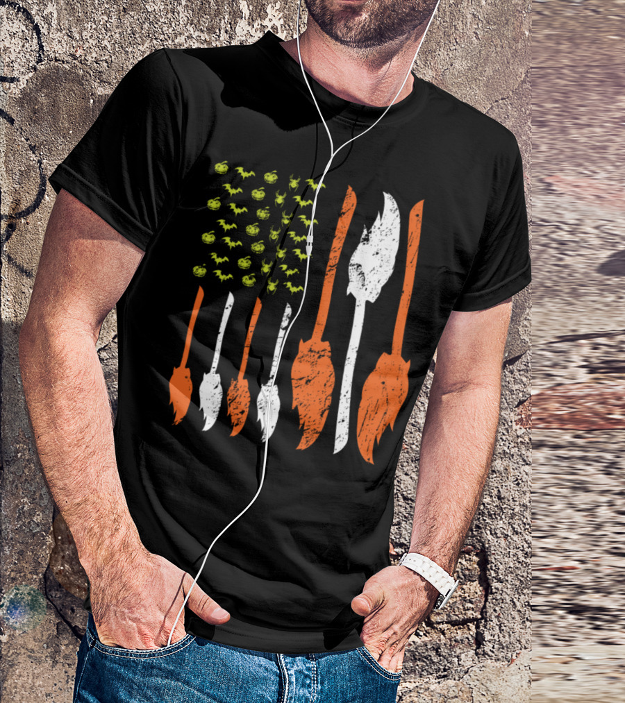 Halloween American Flag Witches Brooms Bats Pumpkins T-Shirt