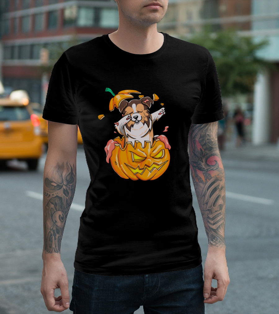 Sheltie Dabbing in Halloween Jack-O'-Lantern Pumpkin T-Shirt