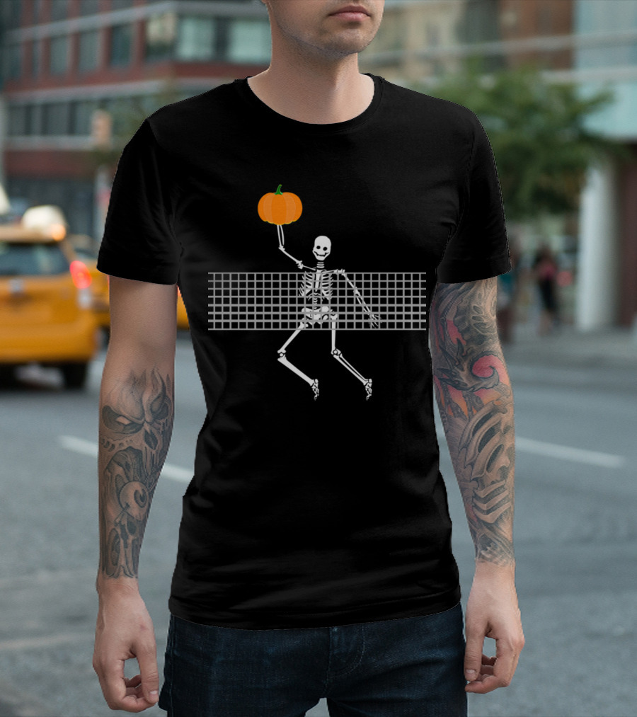 Halloween Skeleton Playing Volleyball with Pumpkin Jump T-Shirt