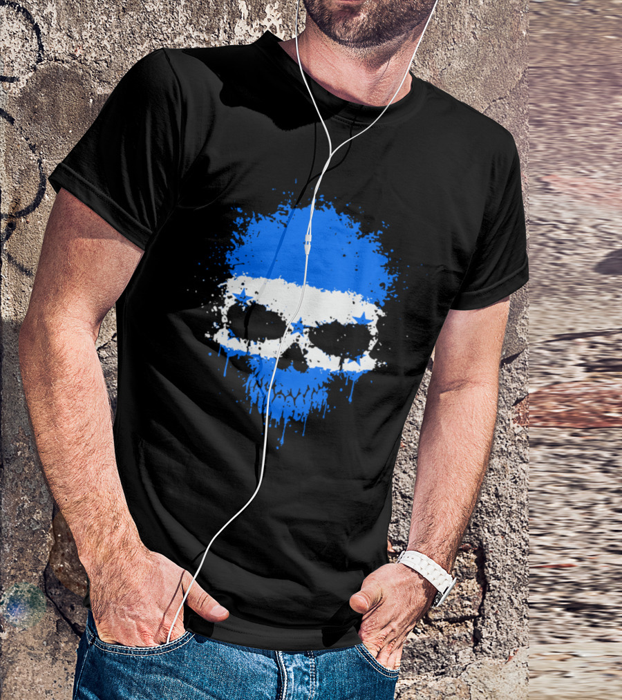 Chaotic Honduran Flag Splatter Skull Skeleton Blue White Stars T-Shirt