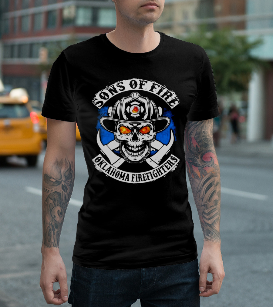 Sons of Fire Oklahoma Firefighters Skull Helmet Blue Flames T-Shirt