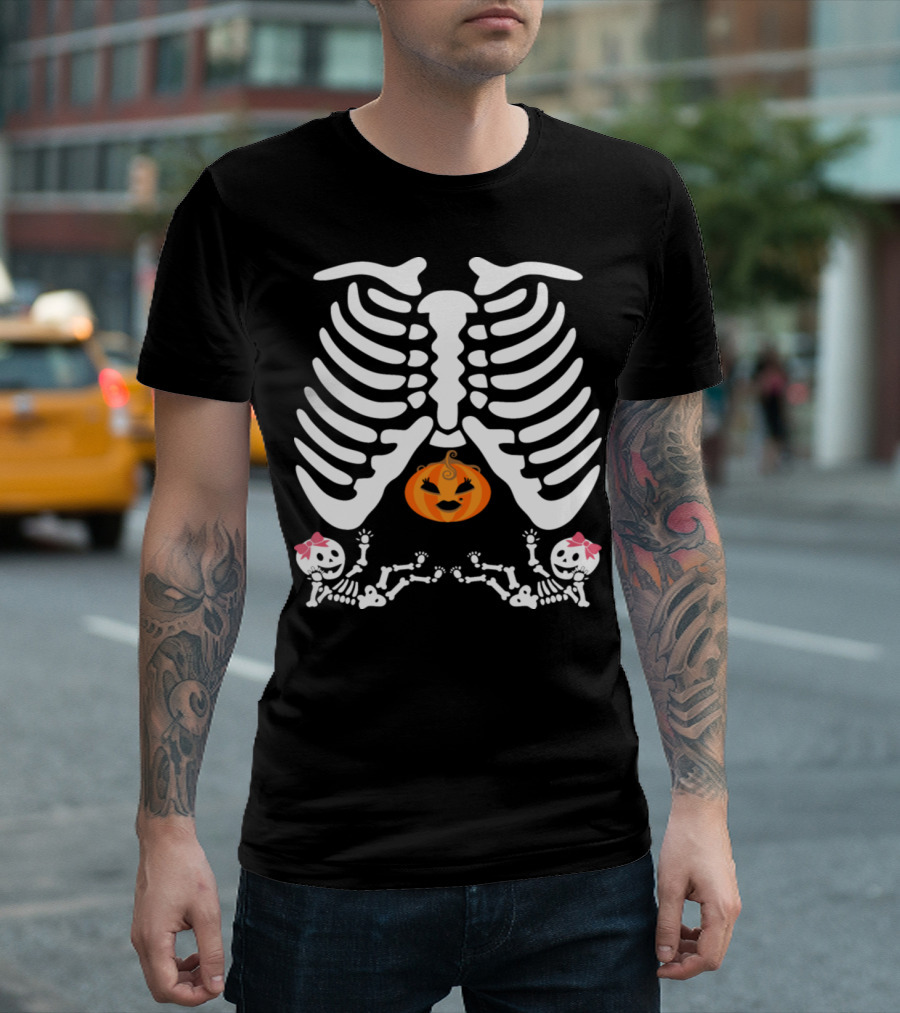 Pregnant Halloween Skeleton Rib Cage with Pumpkin and Twin Girl Skeletons T-Shirt