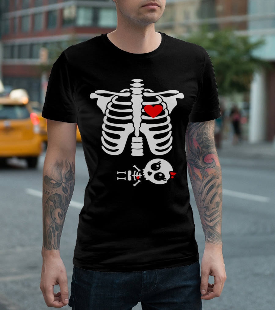 Pregnant Skeleton Costume Halloween Baby Girl Heart Bow T-Shirt