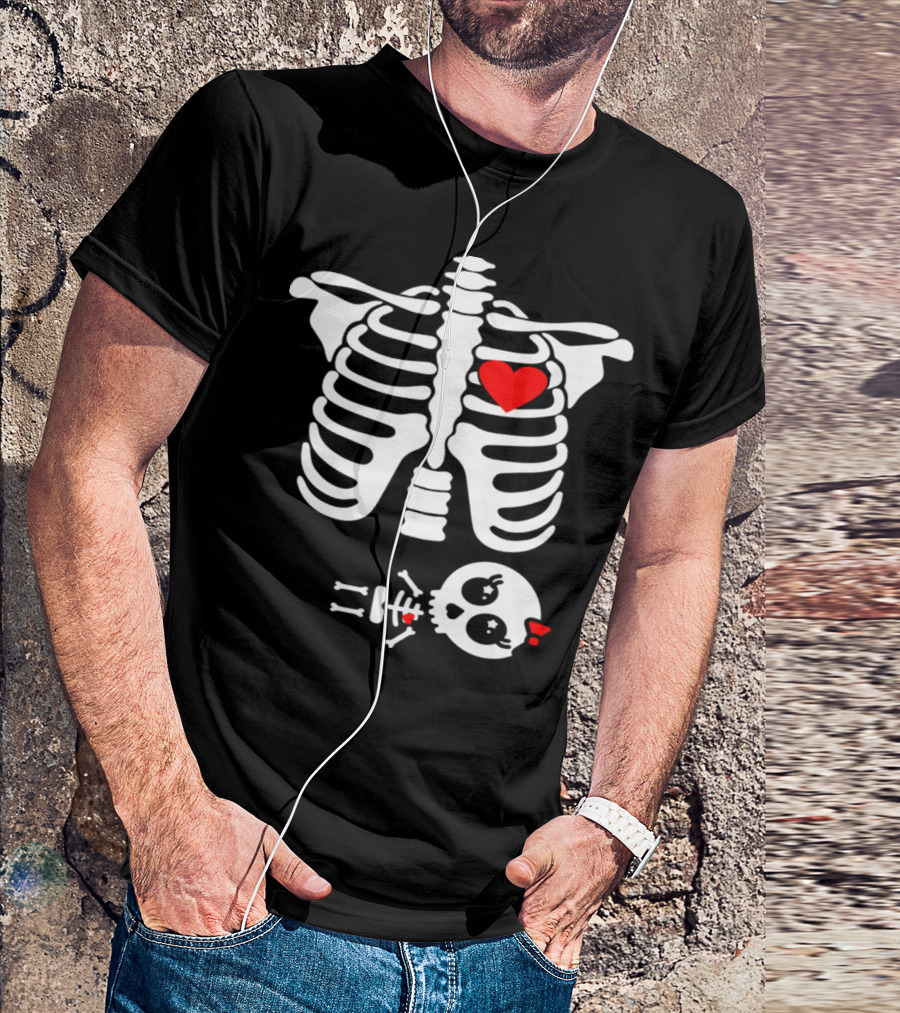 Pregnant Skeleton Costume Halloween Baby Girl Heart Bow T-Shirt
